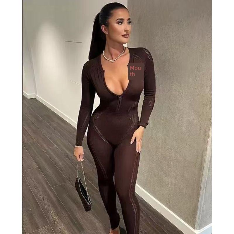 

Fashion Style Fashion All-Match Knitting Sexy Tight Long Sleeve Jumpsuit Sexy Tight Knit Jumpsuit Brown S