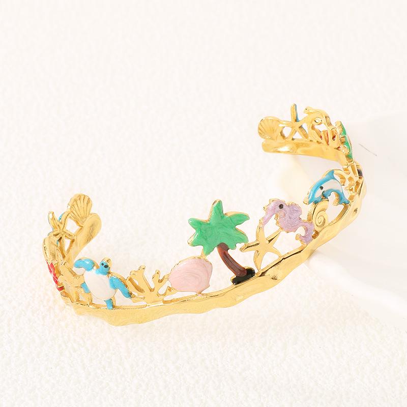 Coconut Tree & Starfish Dolphin Ocean Gold Stainless Steel Bracelet