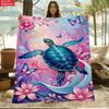 Pink Purple Gradient Turtle Butterfly Flower Flannel Blanket For Romantic Bedroom Decor Soft Warm Throw Blanket Drape