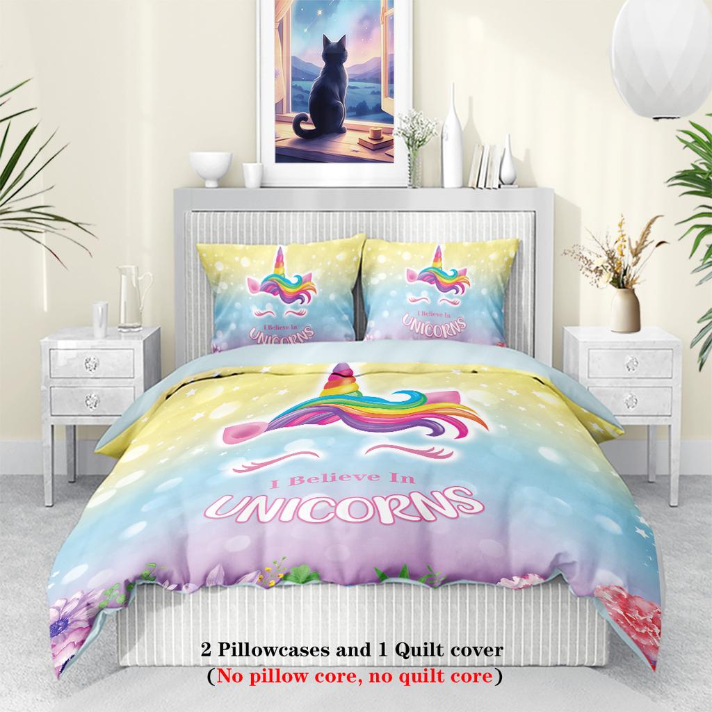 3pcs Cartoon Unicorn Pattern Print Duvet Cover Set, Soft, Comfortable and Breathable, for Bedroom, Hotel, Best Gift for Girls