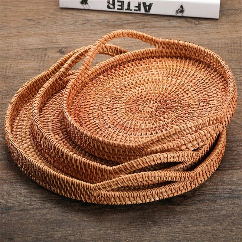 D5 Rotin Fait Main Rotin Véritable Panier à Fruits Panier à Snacks et à Pain Plateau Salon Snacks Divers Panier de Rangement Rond Plateau à Fruits