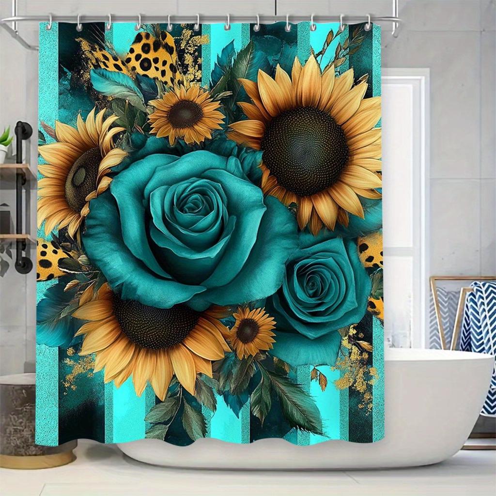 1/4Pcs Bathroom Shower Curtain Set   Rose And Sunflower Print Bathroom Curtain With 12 Hooks Non Slip Rugs Toilet Cover Mat Bathroom Partition