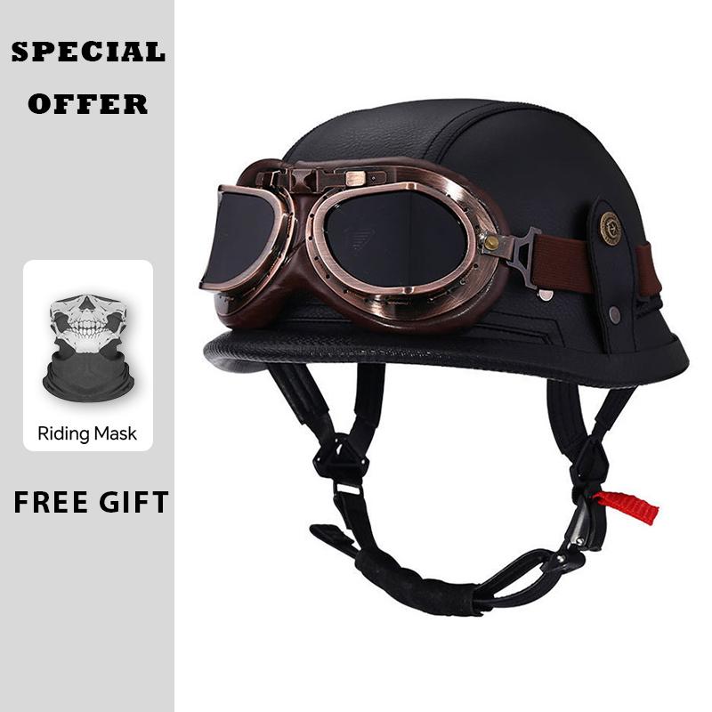 Classic Retro Leather Half Face Moto Helmets DOT Approved Low Profile Open Half Helmets Motorcycle Scooter Cruiser Four Seasons