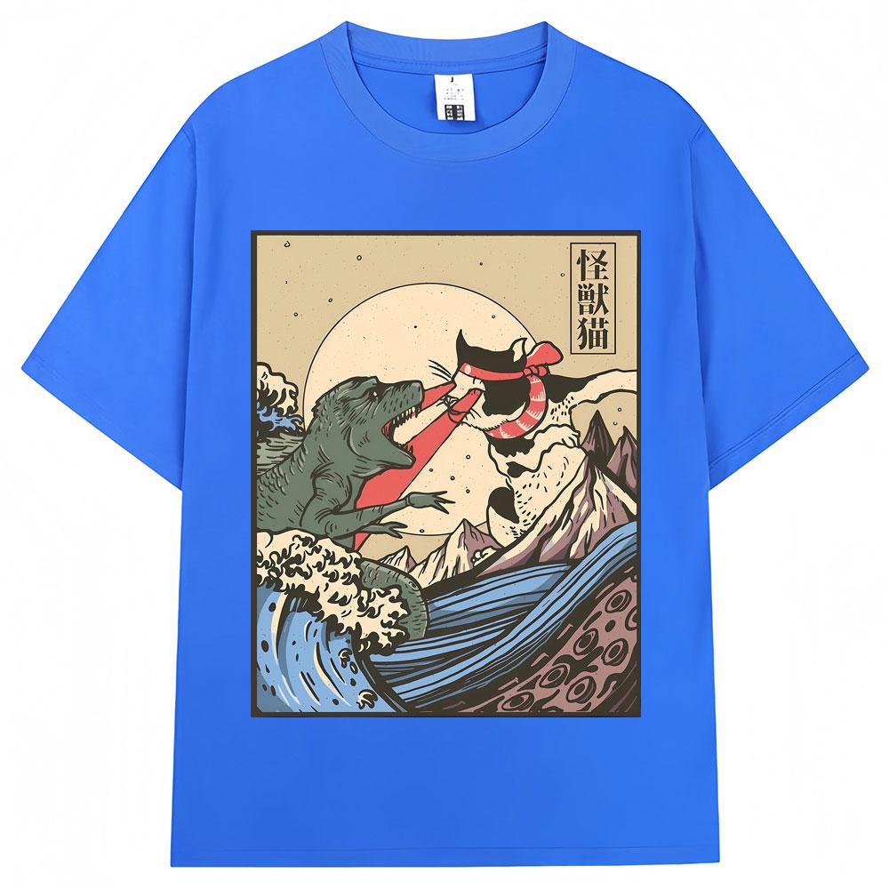Japanese Style Kaiju Vs Cat Funny Meme Graphic Tshirts Men Women Fashion Vintage Manga T Shirts Oversized Cozy Cotton T Shirt