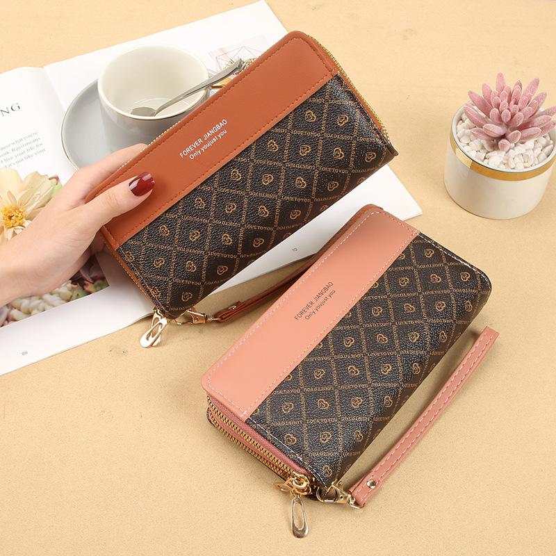 Women's Double Pull Wallet Color Blocked Handheld Bag Card Bag Summer Versatile Fashion Zero Wallet Women's Mobile Phone Bag