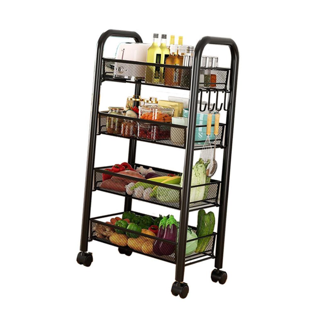 Rolling Storage Cart Layered Storage Shelves Multi Functional Movable Snack Vegetable Baskets Kitchen Shelves Black