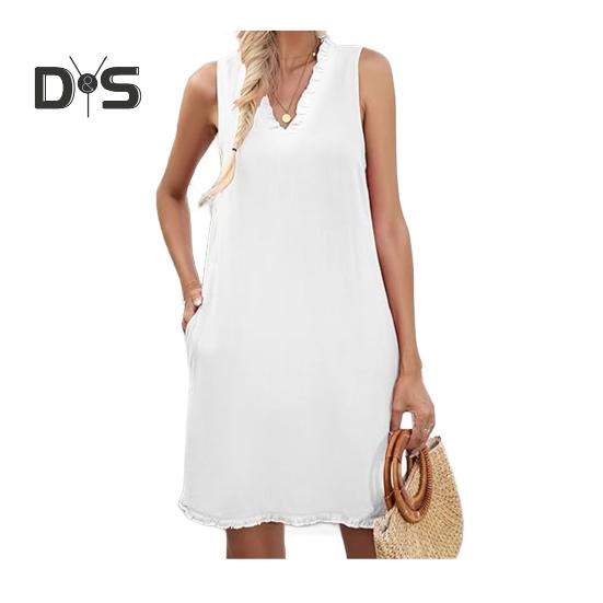 Women Summer Dress with Pockets Shirring V Neck Sleeveless Solid Color A-line Ripped Hem Midi Dress Daily Beach Dress
