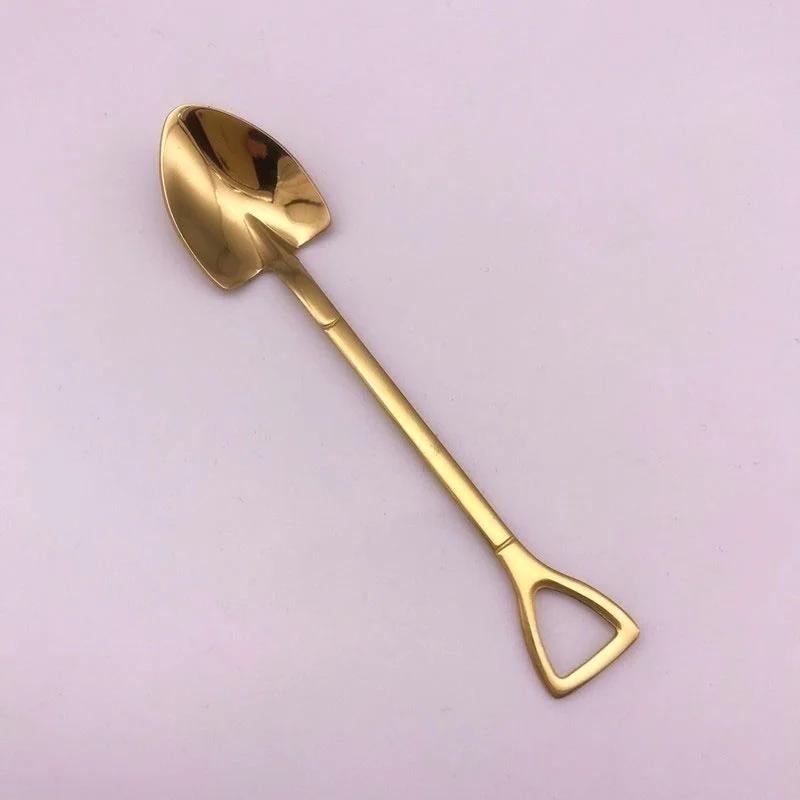 1PCS Creative Shovel Shape Dessert Spoon Stainless Steel Coffee Stirring Spoon Shovel Fork Fruit Fork