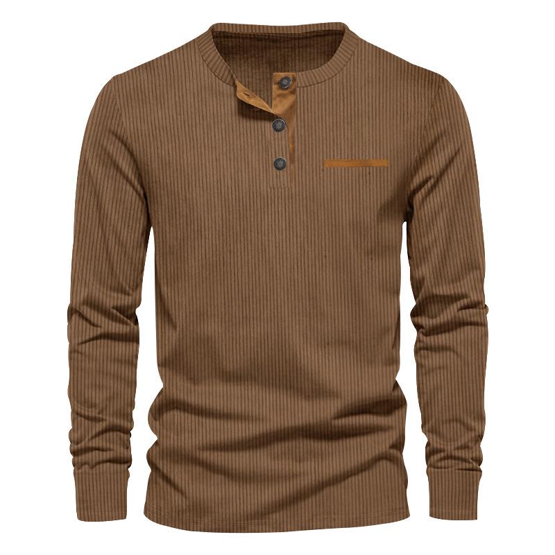 2024 European & American Spring Men's Corduroy Henry Shirt - Long Sleeve Slim Casual T-Shirt