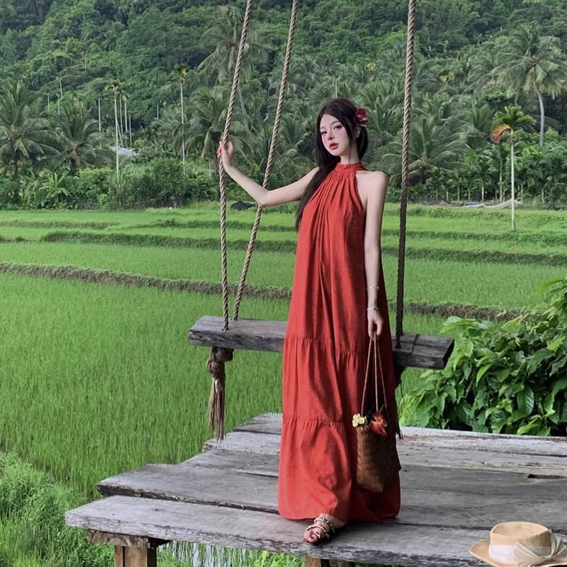 2025 Summer Retro Red Halter Dress: Elegant Long Dress for Travel Photography