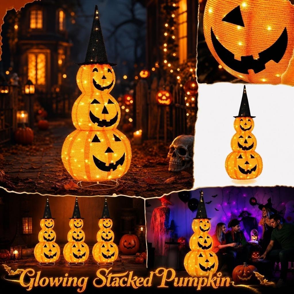 Stackable Glowing Pumpkin Lights Halloween Decorations with Witch Hat, Foldable String Lights for Indoor Outdoor Yard Fall Display