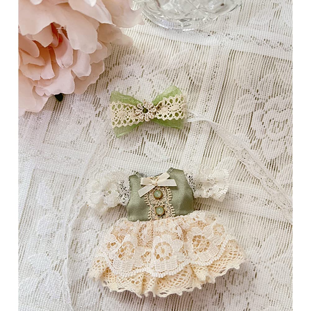 rakulifey Obitsu 11 Clothes, Dress, Hair Accessories, OB11 Size Outfit Set, One-Piece Lolita Dress, 11cm Obitsu Body Accessories, Green, 2-Piece Set