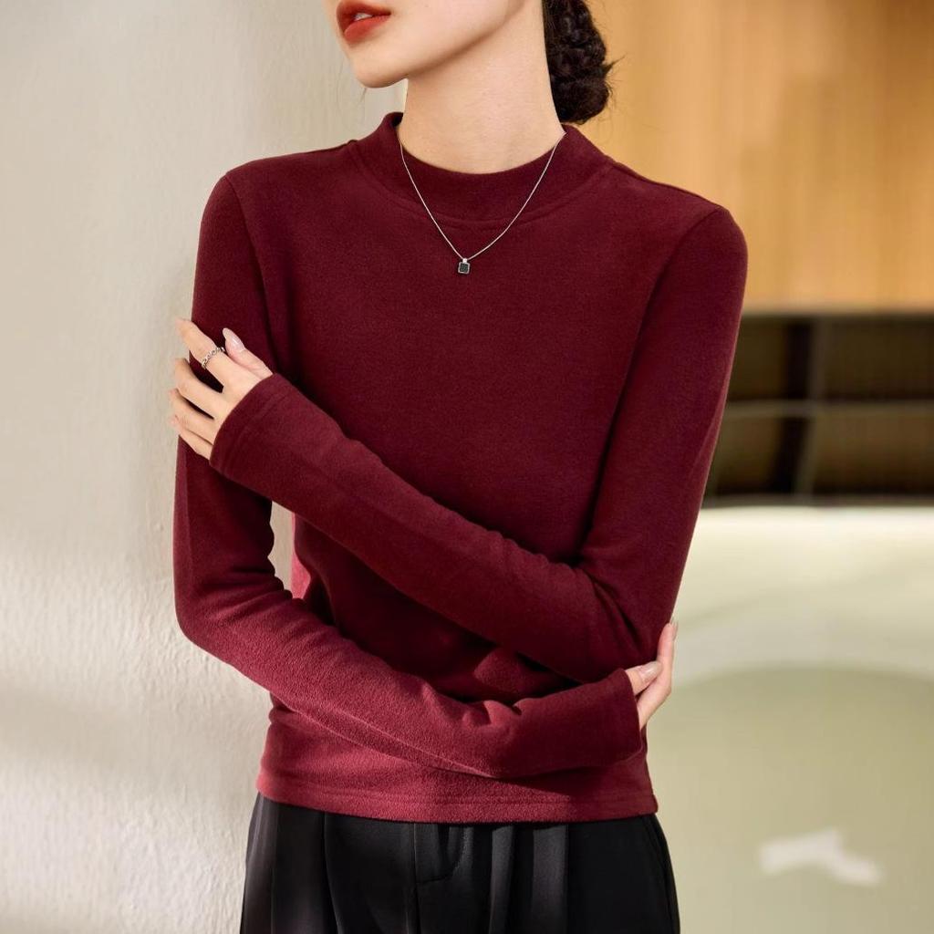 Women's German Velvet Double-Sided Red Half-High Collar Long-Sleeve Top - New for Autumn/Winter 2024