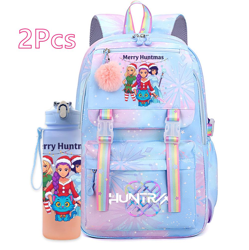2Pcs/set Christmas K-pop Printed Backpack with 750Ml Water Bottler Large Capacity Travel Bag for Teenager Girl Boy Bookbag Kid Gift Large Capacity Bag