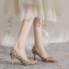 Horse buckle thin heel square head high heels women's spring new retro temperament printed commuter shoes