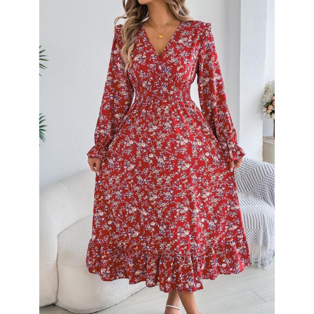 Women's Elegant Floral Cross V-Neck Waist Ruffle Long Dresses