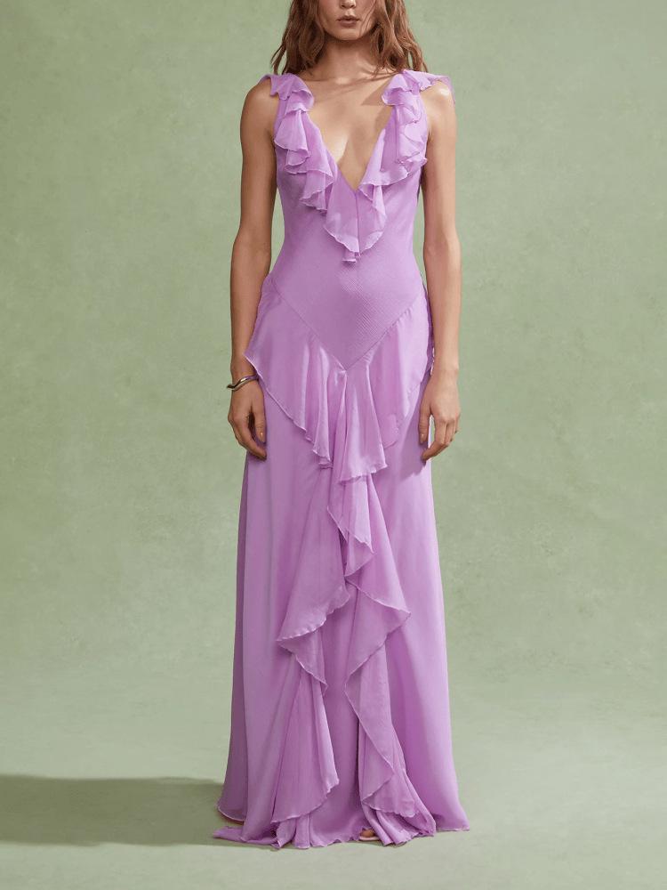Women s Deep V-Neck Slimming Ruffled Long Dress - Fashionable  Sexy Style Large