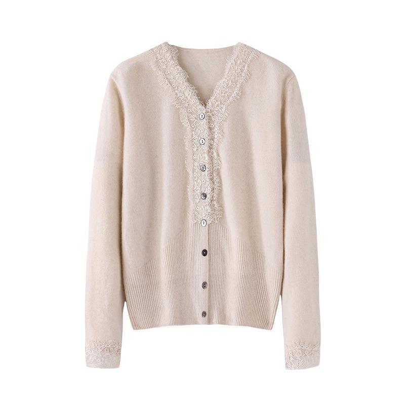 Lekasha Women's Cashmere Lace-Trim V-Neck Cardigan Sweater