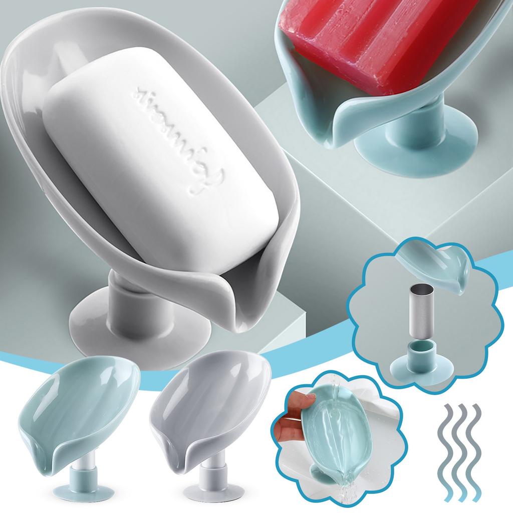 2pcs Hollow Soap Holder With Suction Cup Sponge Soap Dish With-Drain Leaf-Shaped Soap Box Soap Tray Solid Color Soap Box
