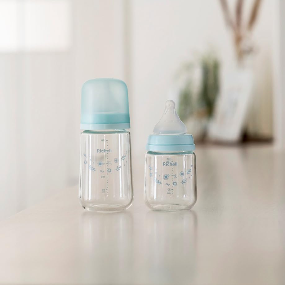 Richell Hanaemi Glass Baby Clear for Babies Aged 3 Months and Up Bottle, 240mL, Blue,