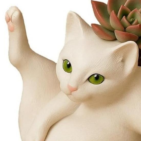 Flower Pot Grooming Cat Shape Planter Pot Stress-Relief Mood Booster Indoor Plant Pot Office Desk Decoration