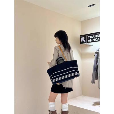 Temperament Explosive Japanese and Korean Medieval Striped Tote Bag 2025 New Contrast Color Simple Large Capacity Denim Women's Bag