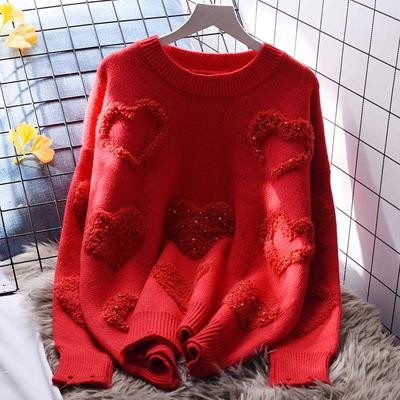 Autumn Winter Women Stylish Embroidery Beaded Chic Thick Knitted Sweater Casual Red Pink O Neck Long Sleeve Loose Pullover Tops
