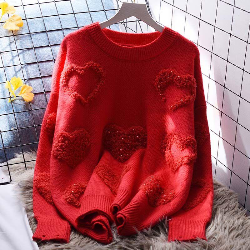 

Осень Зима Женский Стильный Вышитый Расшитый бисером Шикарный Толстый Вязаный Свитер Повседневный Красный Розовый Круглый Вырез Длинный Рукав Свободный Пуловер Топы XXL красный