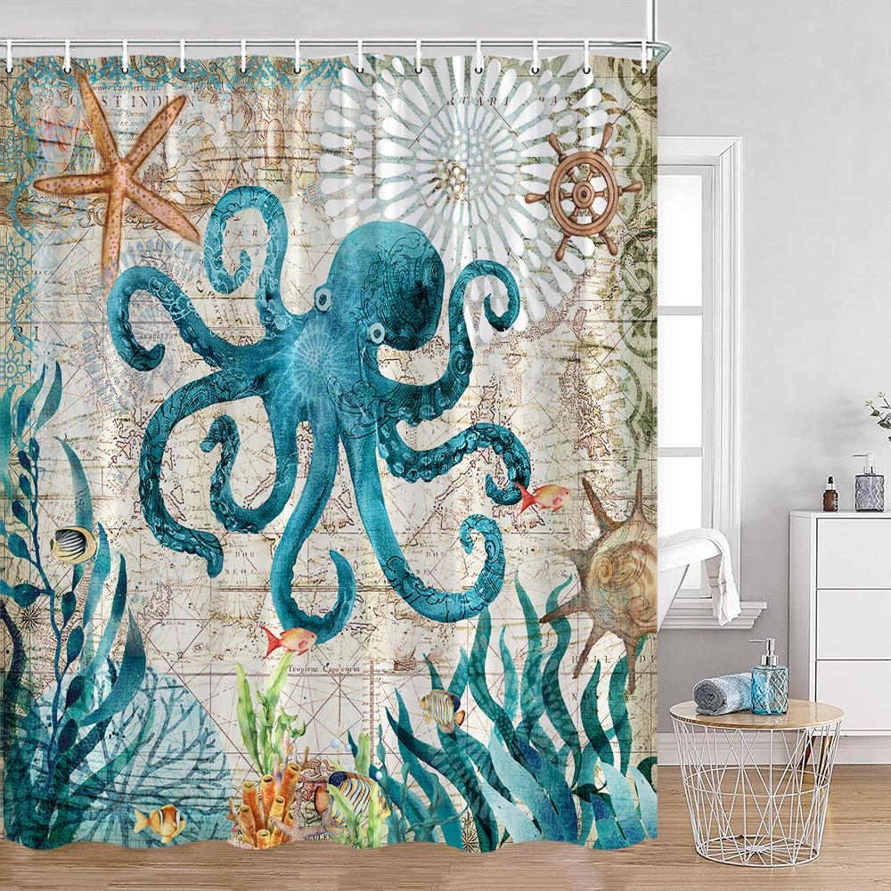 Octopus Shower Curtains Ocean Animals Funny Octupus Undersea World View Bathroom Curtain Nautical Bath Decorations with Hooks