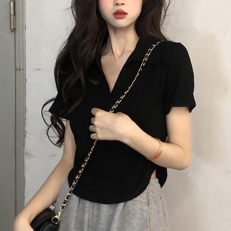 Women's Slim-Fit Irregular Polo Collar Summer T-Shirt - Korean College Style