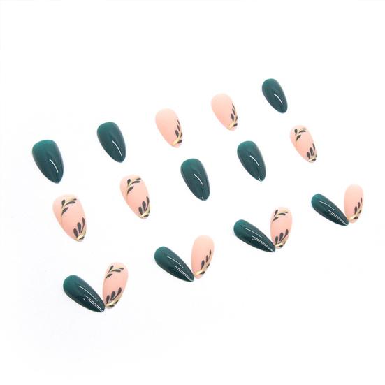 Yousheng 1 Set Fake Nails Matte Green Leaf Easy To Apply Remove Minimalistic Sweet Anti-break Fake Nails Women Supply