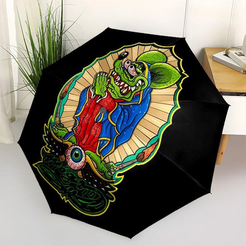 1pc Rat finks Automatic Opening/Closing Umbrella with Convenient Three-Fold Design, 8 Iron Ribs - for Outdoor Daily Use, Travel A02