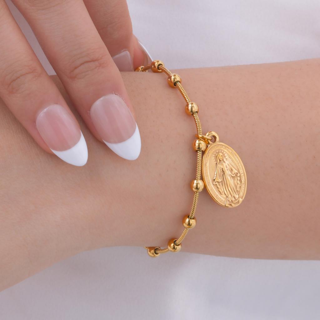 Vnox Rosary Bracelet with Easter Card, Gold Sliver Color Stainless Steel Religious Cross Virgin Mary Prayer Bracelets for Women