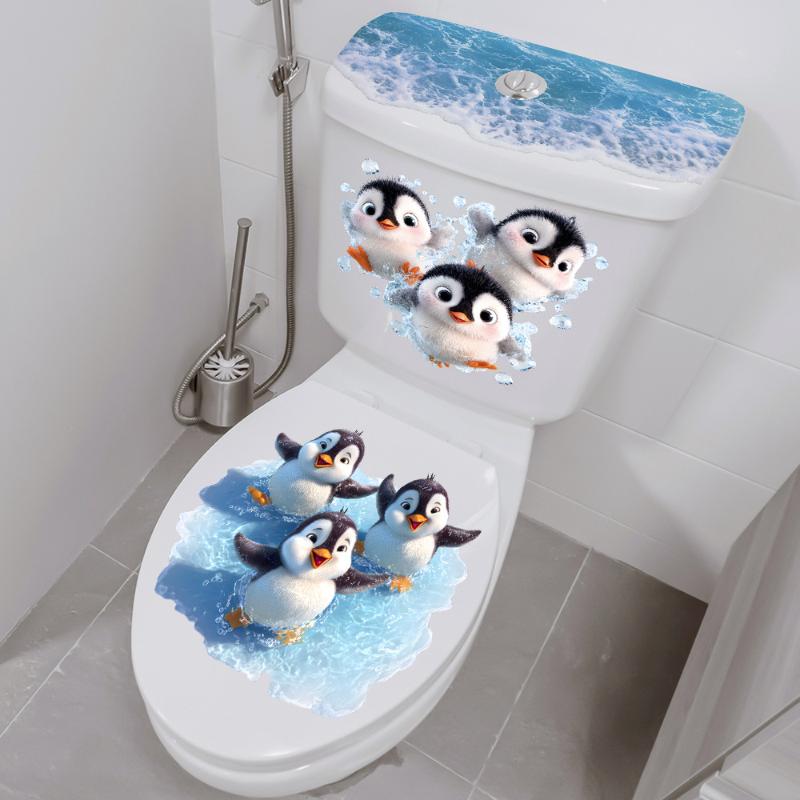 Bathroom Decoration Decal, Toilet Seat Cover Sticker Swimming Little Penguin Toilet Sticker, Self-adhesive Waterproof