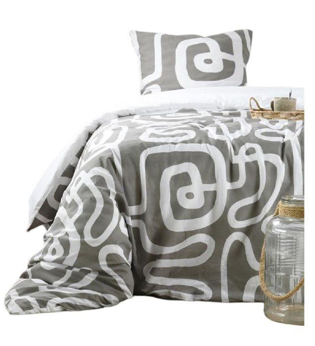 Housse de couette + taies - Geopinto - 100% coton - 140x200cm - Gris