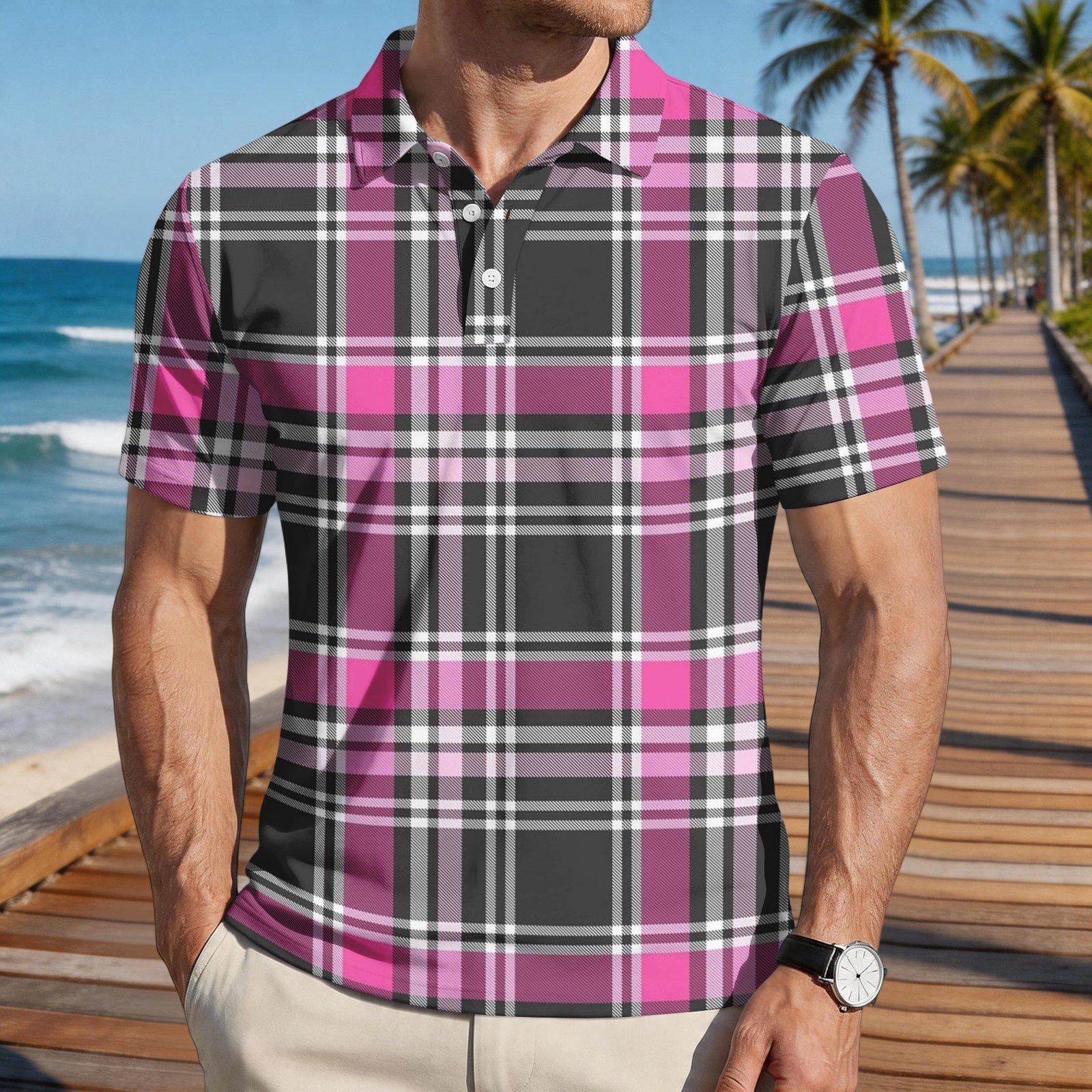

Men Loose Fit Casual Plaid Print Short Sleeve Polo Shirt Button Down Collar Lightweight Breathable Top for Daily Wear S розовый