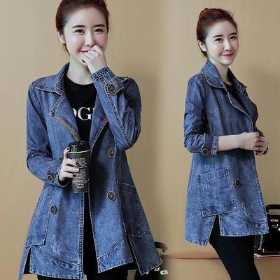 Women's Spring Plus Size Street Printed Denim Jacket Casual Office Jacket Long Waisted Denim Jacket