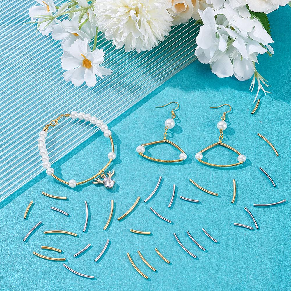 60Pcs 6 Styles 304 Stainless Steel Tube Beads, Curved Tube, Golden & Stainless Steel Color, 15~25x2mm, Hole: 1.4~1.5mm, 10pcs/style