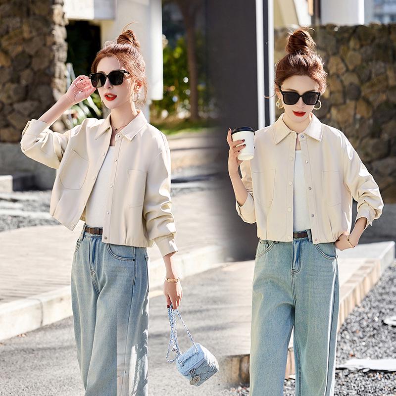 

2025 Весенняя женская однотонная свободная куртка из ПУ кожи с лацканами XL (125-140 jin) грязно-белый