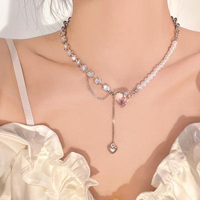 Elegant Rhinestone Pearl Necklace Love Heart Pendant Choker for Women Pink Crystal Party Wearing Accessories Jewelry Gifts