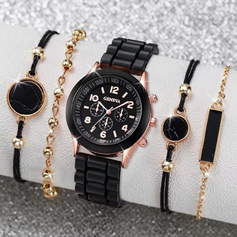 New Women'S Korean Version Of High-End Quartz Watch Simple Classic Silicone Strap Women'S Watch Fashion Set