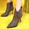 Fashion High Heel Ankle Boots Women's Autumn and Winter New Pointed Toe Brown Boots Zipper Leather Sexy Pleated Designer Boots Mujer