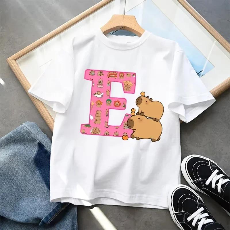 Cute Capibala Letter Printed Short Sleeved Pure Cotton Tshirt for Children Comfortable and Breathable Top Gift 2025