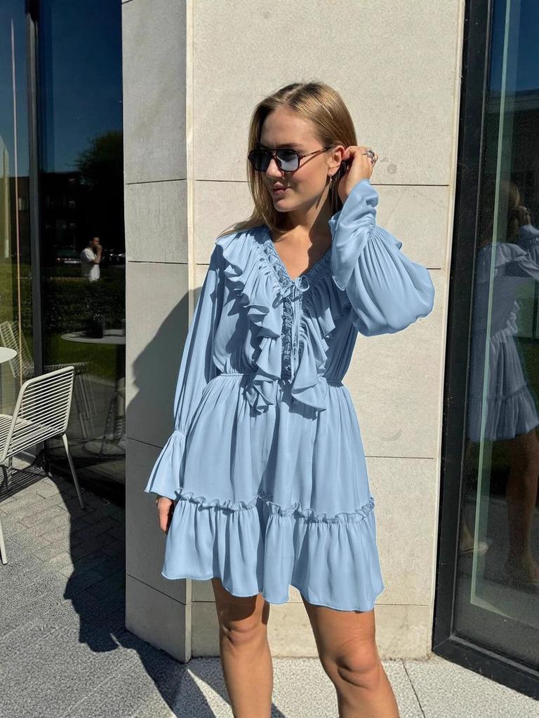 New Fashion V-Neck Ruffled Sleeve Volante Sleeve White Dress Spring Women's Design Sense Puff Skirt