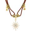 Brown Leather Sun & Star Double-Layer Choker Necklace - Y2K Niche Style for Women