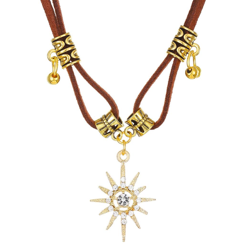 Brown Leather Sun & Star Double-Layer Choker Necklace - Y2K Niche Style for Women