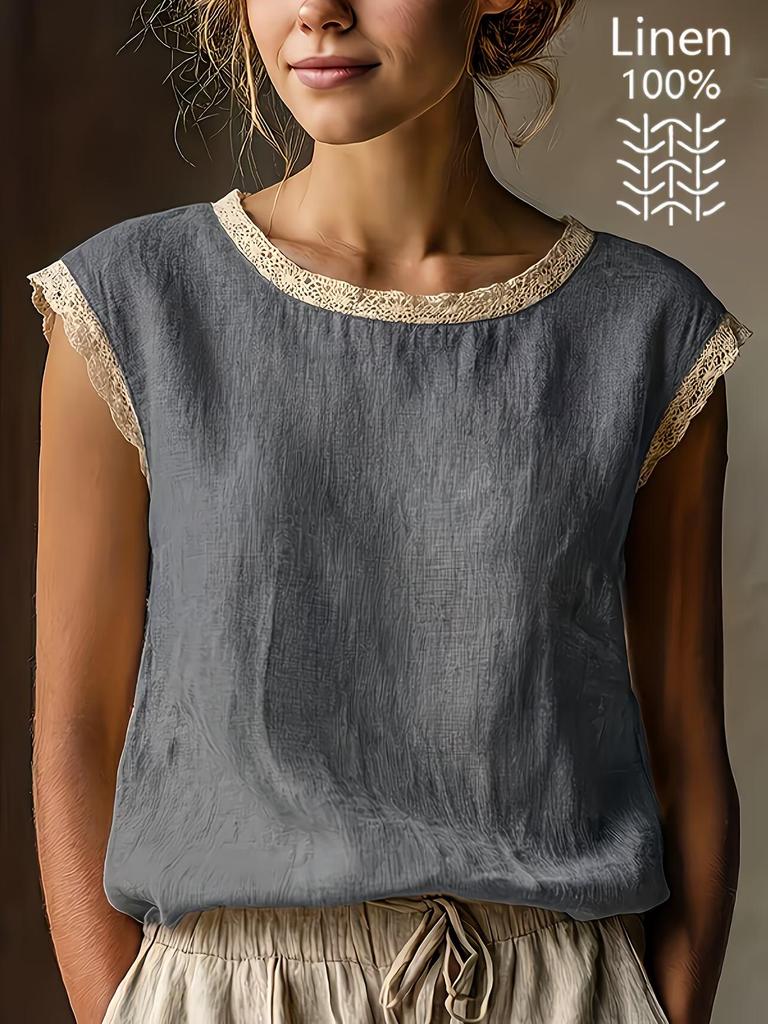 Women's European and American Style Sleeveless Lace Cotton-Linen Shirt, Spring/Summer 2026 Collection.