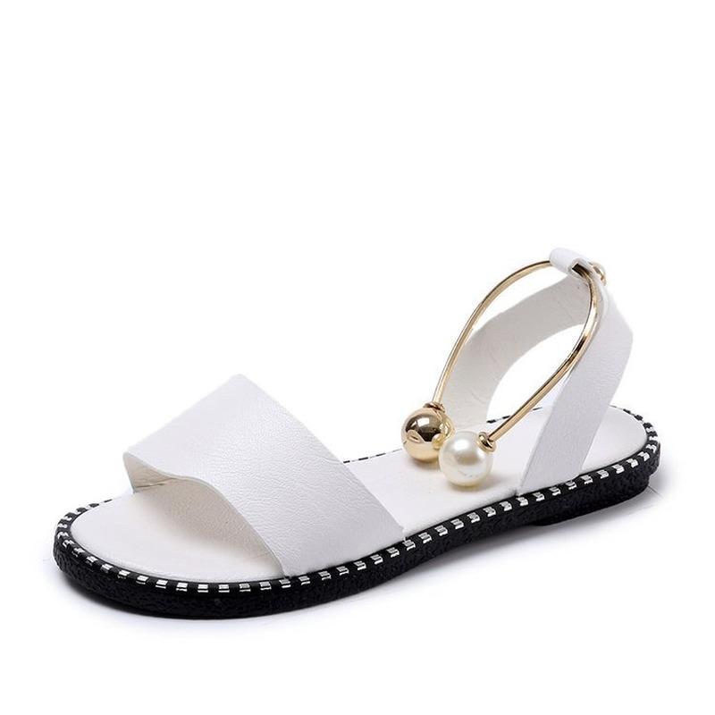 2024 Summer New Women's Sandals Flat Pearl Button Fashion Sandals Women's Shoes