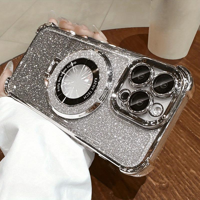 Luksus Plating Magnetisk Holder Glitter Deksel for iPhone 17 Air 16 15 14 13 12 11 Pro Max Plus Trådløs Lading Gjennomsiktig Deksel