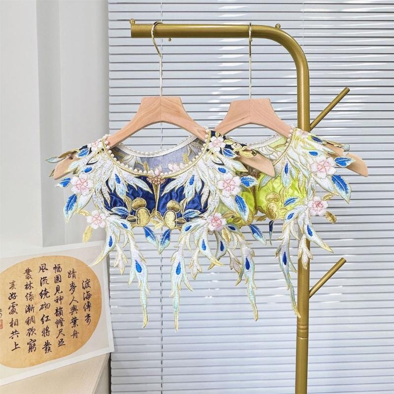 Embroidery Floral Neckline Capelet Pearl Beaded Shawl Hanfu Dresses Fake Collar